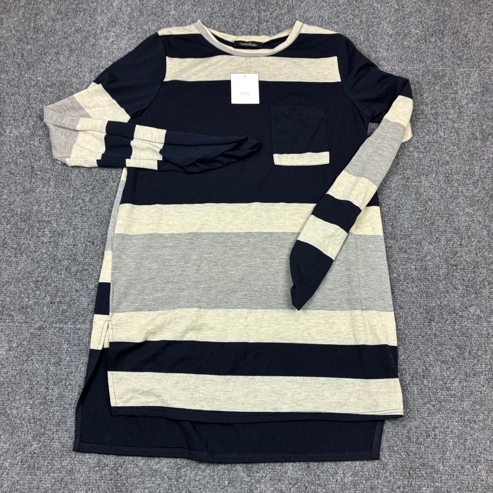Caralase Signature Striped Long Sleeve Tunic Top Navy Grey Cream Small NWT